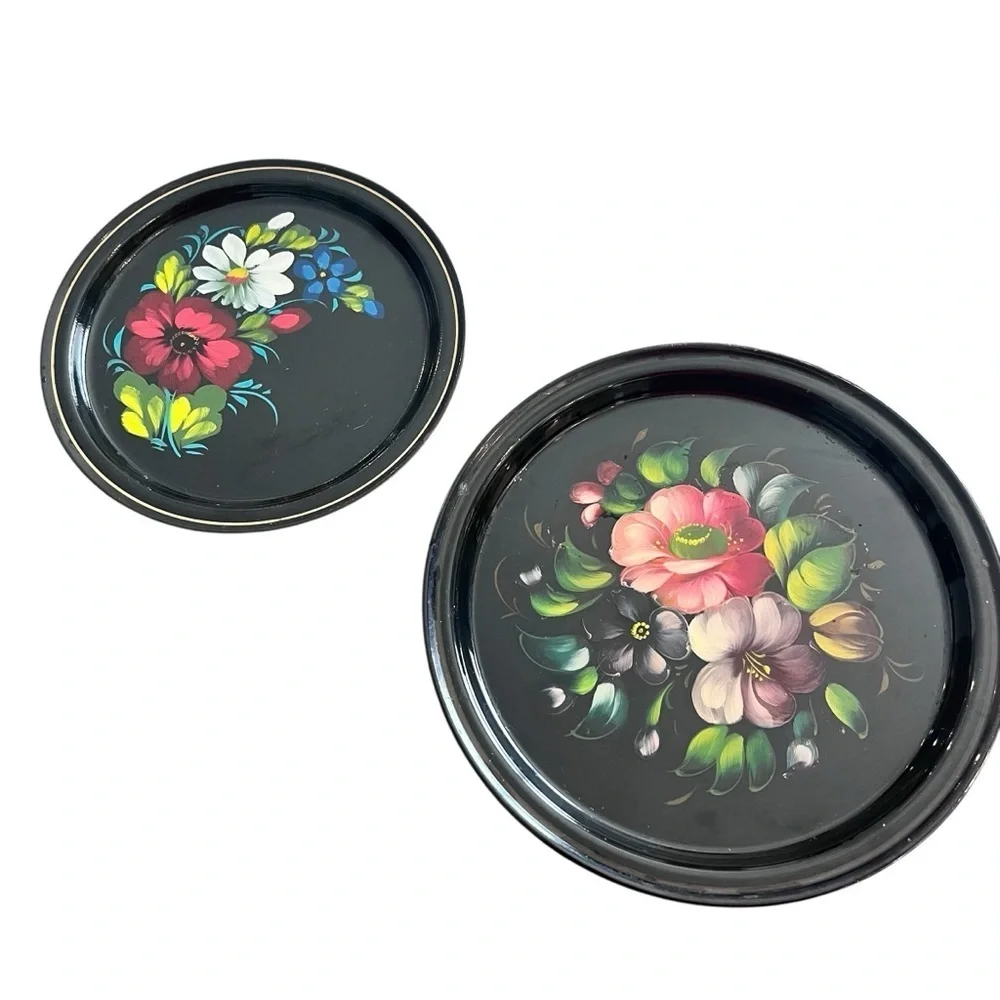 Vintage Russian Floral Decorative Tole Painted Floral Metal Plates Folk Art